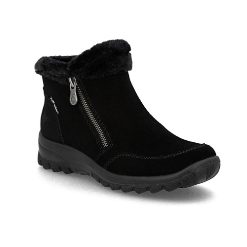 A black ankle winter boot with a plush faux-fur collar, a side zipper, and a rugged outsole.