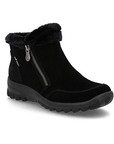 A black ankle winter boot with a plush faux-fur collar, a side zipper, and a rugged outsole.