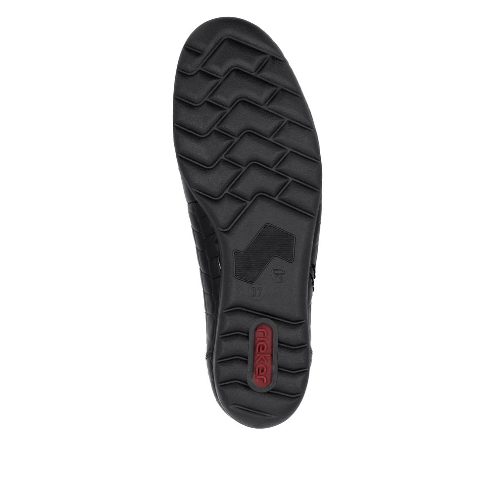 Black light treaded ballet flat outsole with Rieker logo on heel