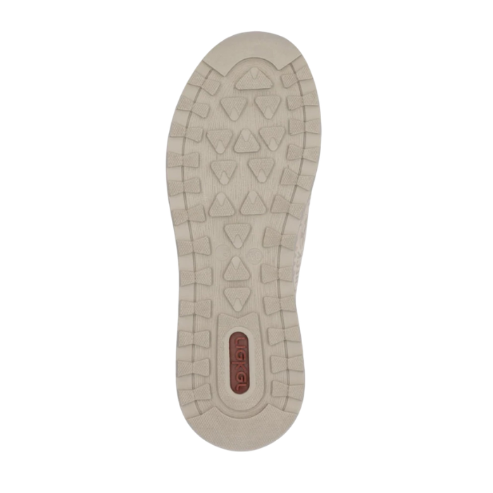 Beige light treaded outsole with red Rieker logo stamped in heel.