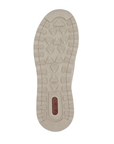 Beige light treaded outsole with red Rieker logo stamped in heel.