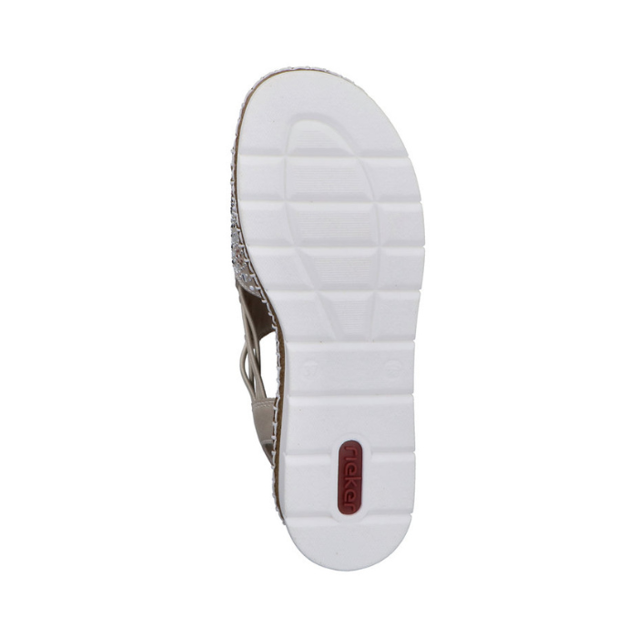 White light treaded outsole with red Rieker logo in heel.