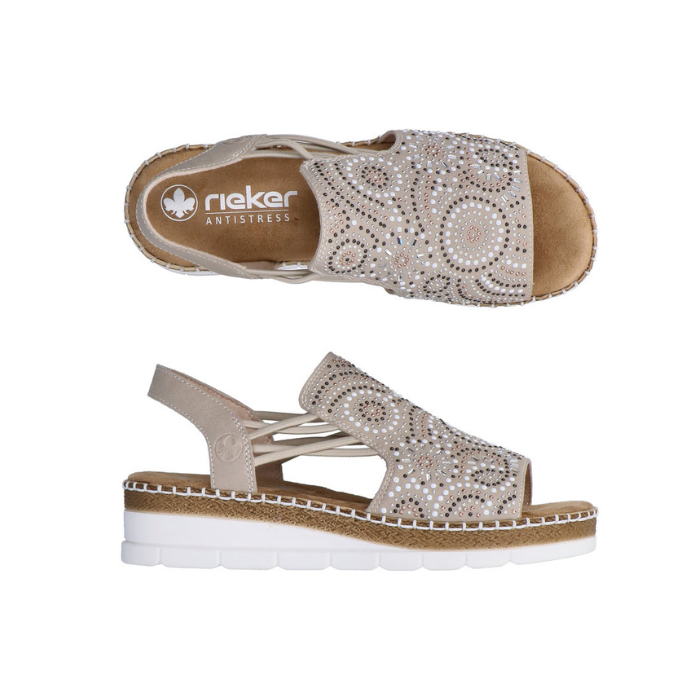 Pair of Beige sandals with rhinestone embellishments, Rieker logo'd footbed and platform white wedge.