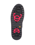 Black treaded outsole with two red flip grips and Remonte logo in middle.