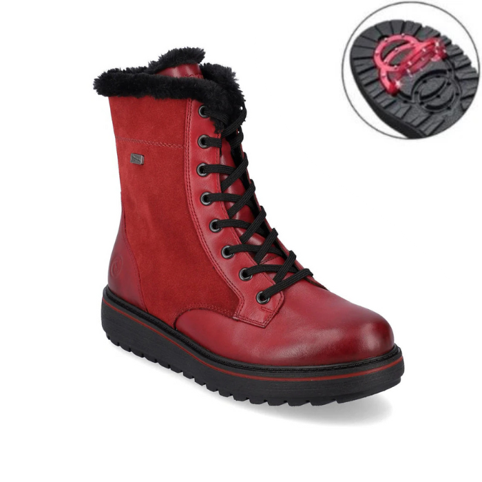 Red suede and smooth leather mid calf boot with fur lining and cuff, laces, and icon for collapsible cleats.