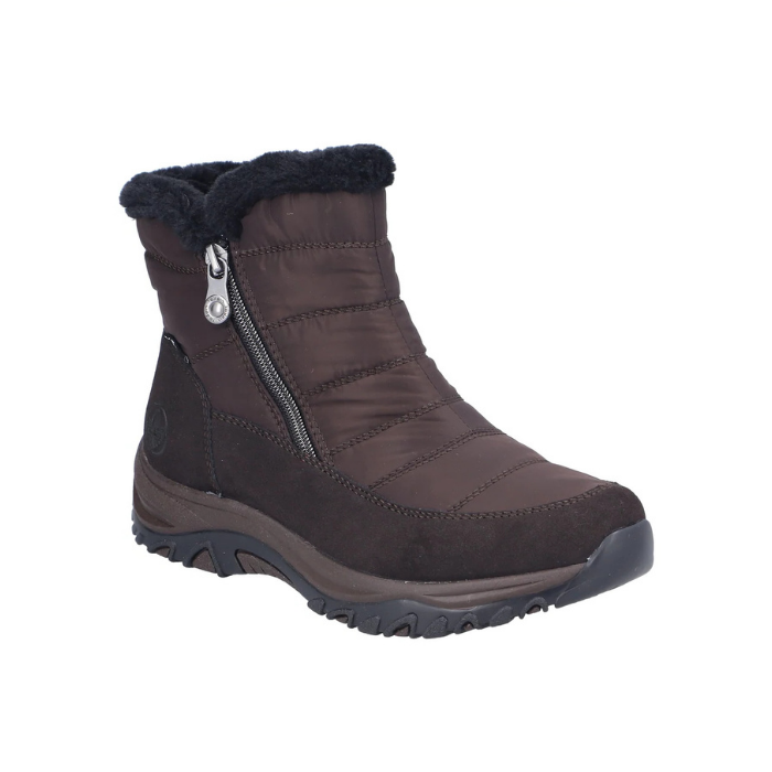 Brown nylon ankle boot with fur trim, silver side zipper, detail stitch pattern and treaded outsole.