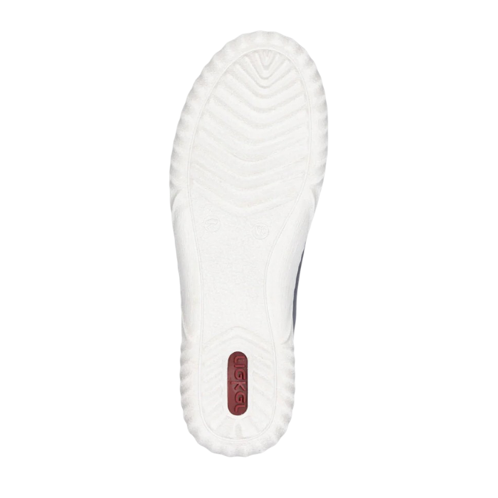 White light treaded outsole with red Rieker logo on heel.
