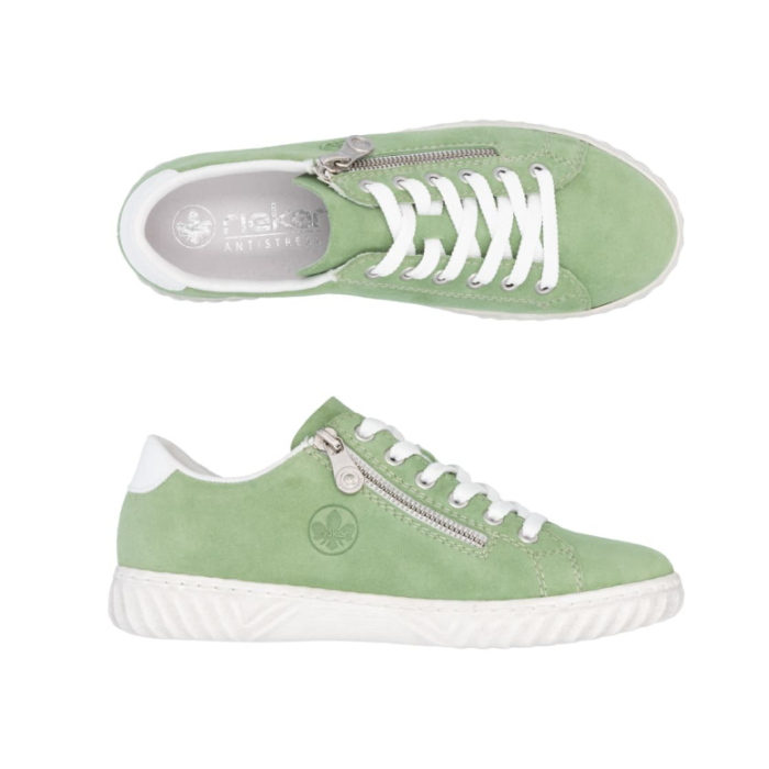 Pair of green sneakers with white laces, side zipper, grey Rieker logo'd footbed and white outsole.