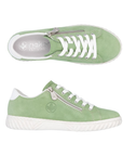 Pair of green sneakers with white laces, side zipper, grey Rieker logo'd footbed and white outsole.