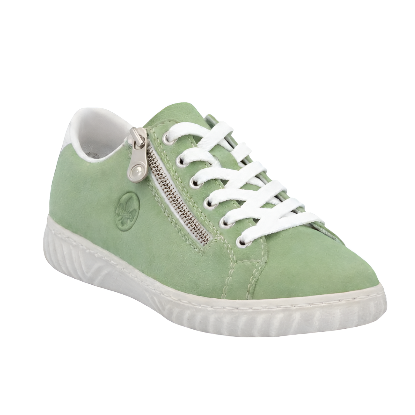 Green sneaker with white laces, side zipper and white outsole.