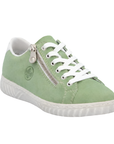 Green sneaker with white laces, side zipper and white outsole.