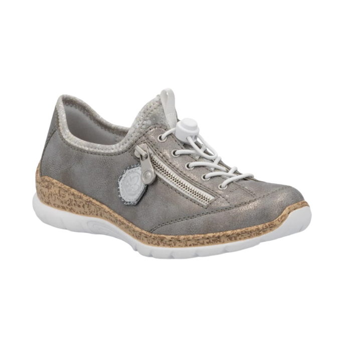 Slip-on sneaker in grey with bungee laces, decorative side zipper, faux cork midsole and white outsole.