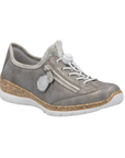 Slip-on sneaker in grey with bungee laces, decorative side zipper, faux cork midsole and white outsole.