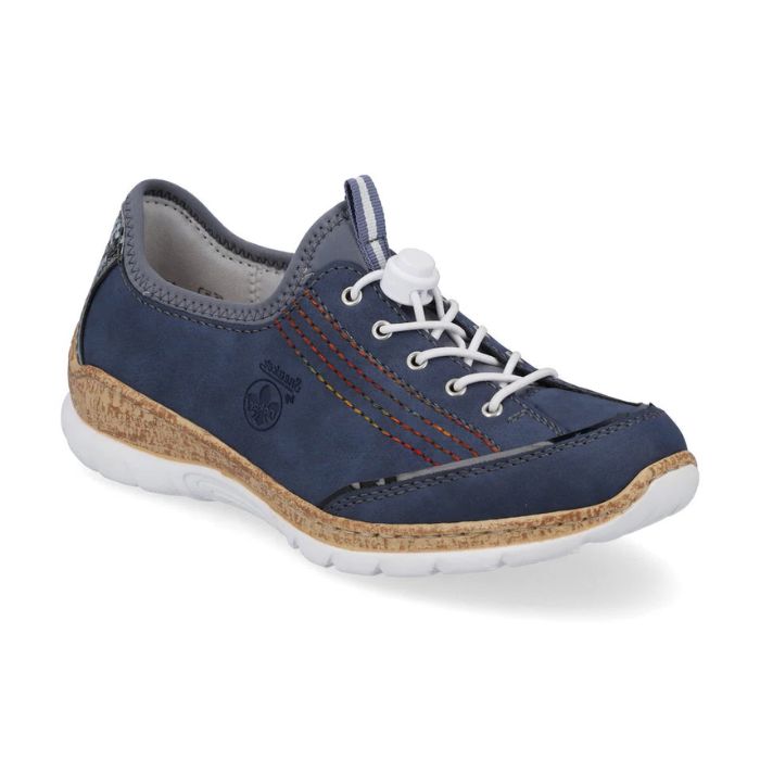 Navy blue slip on sneaker with rainbow side accent rainbow stitching, white bungie closure and faux cork midsole and white outsole.
