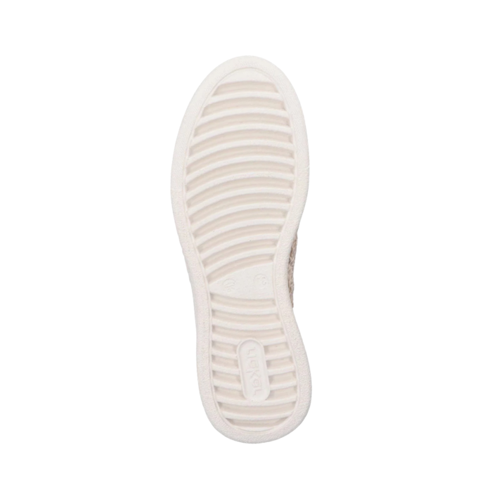 White curved line tread pattern on sneaker outsole with Rieker logo stamped on heel.