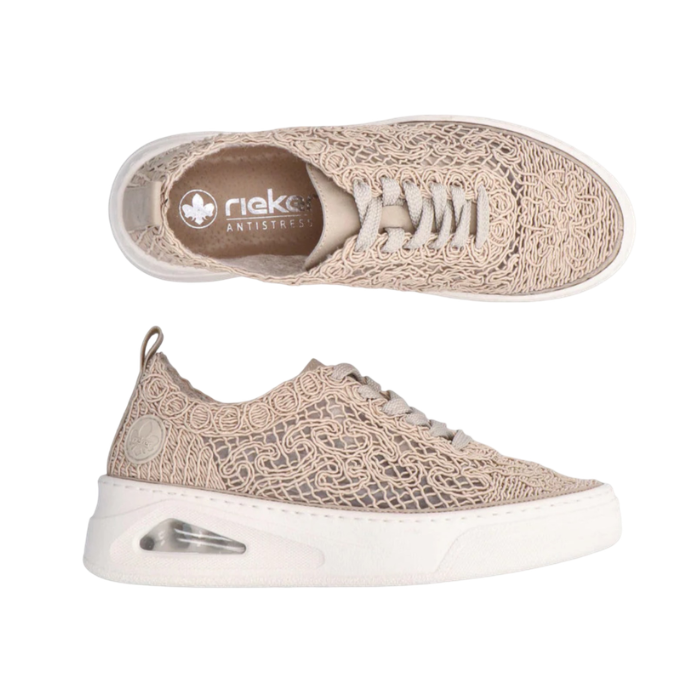 Pair of Beige sneakers with twine decorative upper, grey laces, tan Rieker logo'dd footbed and white outsole with clear air window at heel.