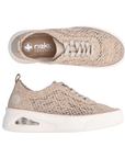 Pair of Beige sneakers with twine decorative upper, grey laces, tan Rieker logo'dd footbed and white outsole with clear air window at heel.