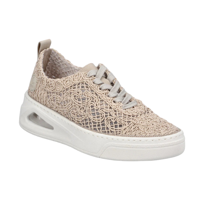 Beige sneaker with twine decorative upper, grey laces and white outsole.