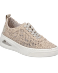 Beige sneaker with twine decorative upper, grey laces and white outsole.