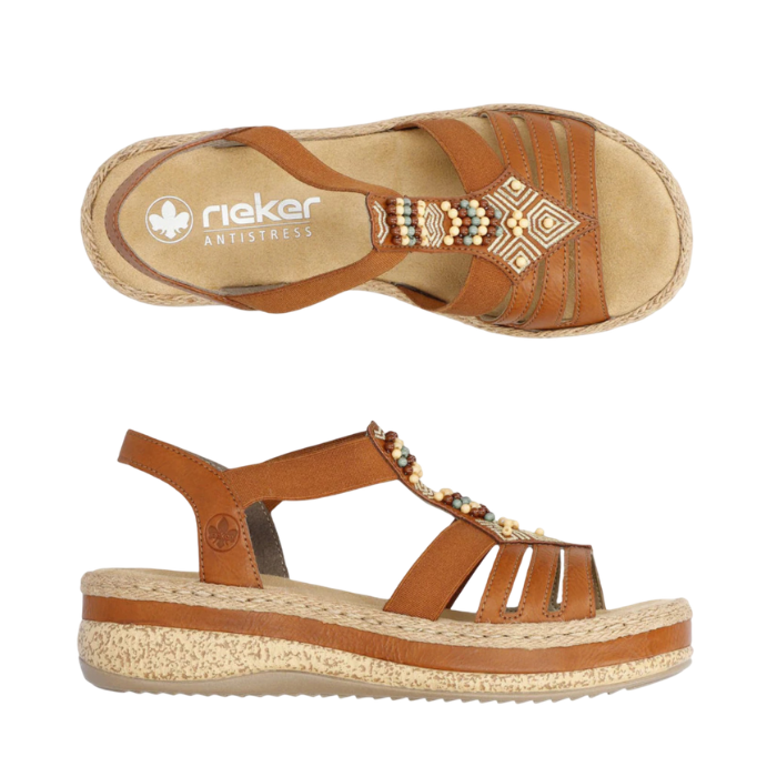 Pair of Brown leather platform sandals with an espadrille-style faux-cork midsole with decorative geometric beadwork on the vamp and a tan Rieker logo'd footbed.