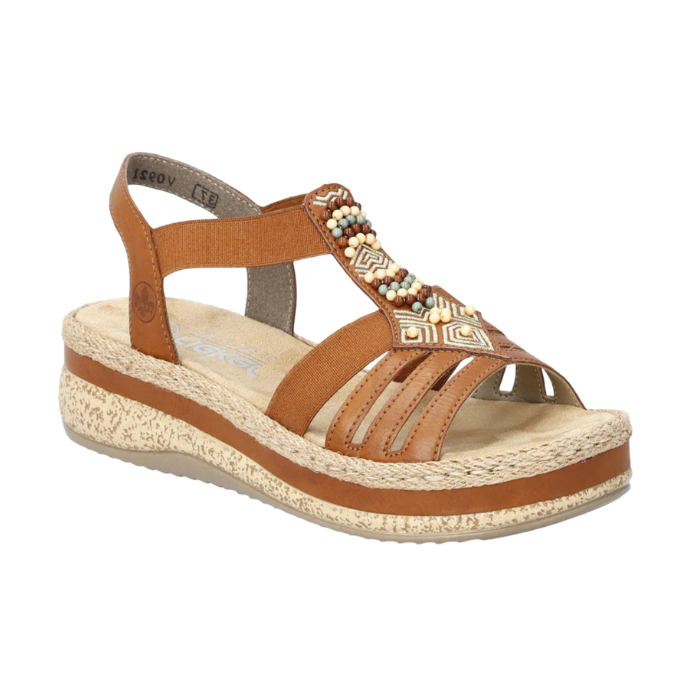 Brown leather platform sandal with an espadrille-style faux-cork midsole with decorative geometric beadwork on the vamp and a tan Rieker logo'd footbed.