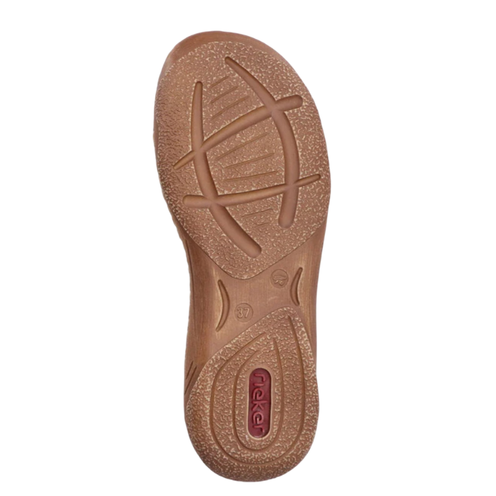 Brown light treaded outsole with red Rieker logo stamped on heel.