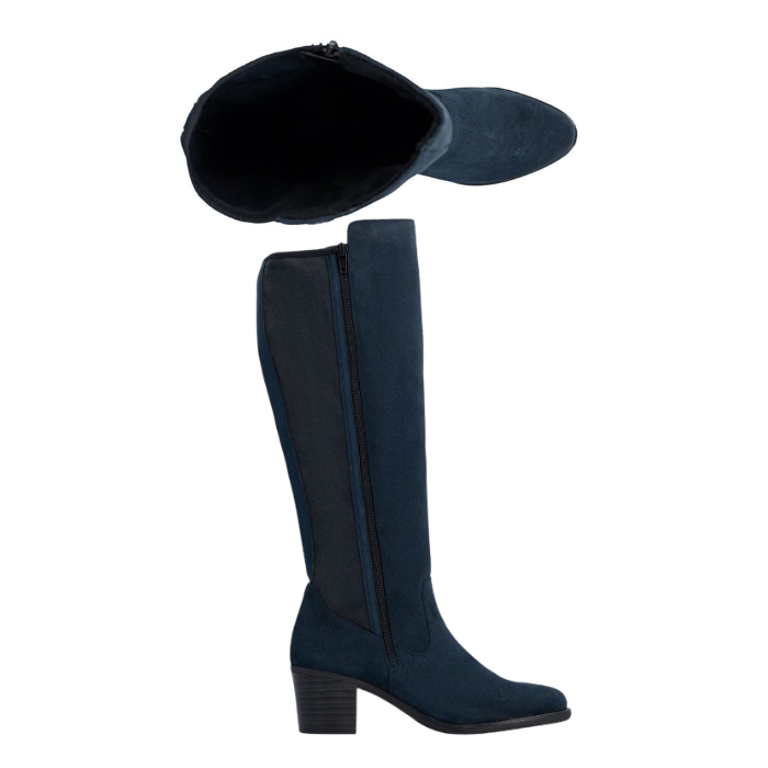 Pair of knee-high boot in dark navy blue suede, inside full zipper and a low block heel.