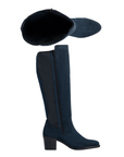 Pair of knee-high boot in dark navy blue suede, inside full zipper and a low block heel.