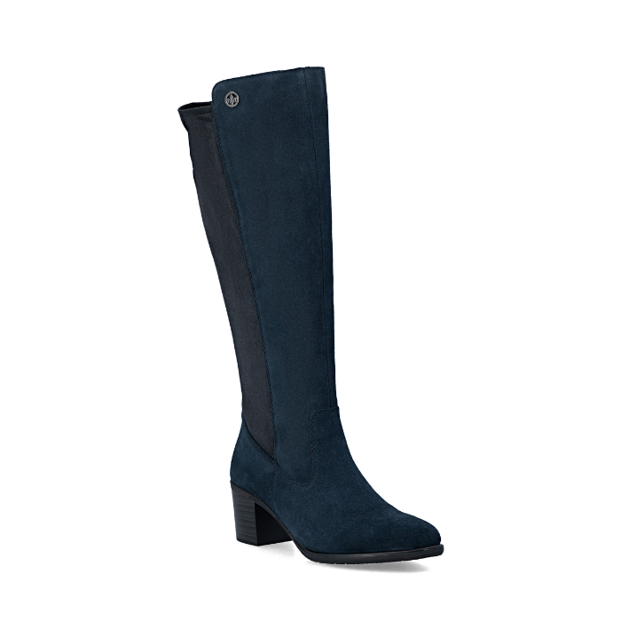 A knee-high boot in dark navy blue suede, with a low block heel.