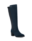 A knee-high boot in dark navy blue suede, with a low block heel.