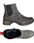 Pair of Grey Chelsea boots with red heel tab, red accent stitching, light fur lining and low heel.