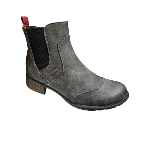 Grey Chelsea boot with red heel tab, red accent stitching and low heel.