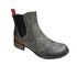 Grey Chelsea boot with red heel tab, red accent stitching and low heel.