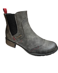 Grey Chelsea boot with red heel tab, red accent stitching and low heel.