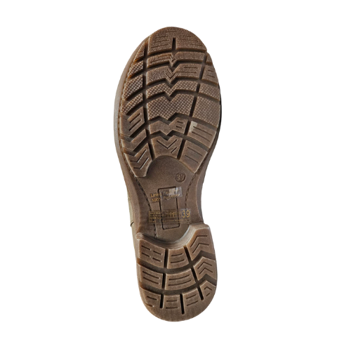Brown light treaded outsole of ankle boot with Romika logo in middle.