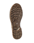 Brown light treaded outsole of ankle boot with Romika logo in middle.