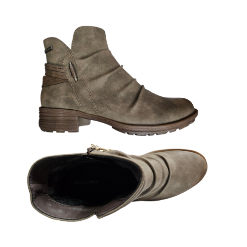 Pair of Brown ankle boots with ruching upper, side decorative buckle , heel strap, and low heel.