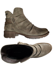 Pair of Brown ankle boots with ruching upper, side decorative buckle , heel strap, and low heel.