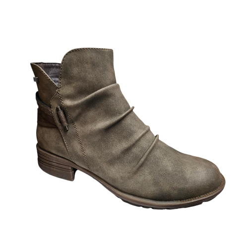 Brown ankle boot with ruching upper, side decorative buckle and low heel.