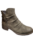 Brown ankle boot with ruching upper, side decorative buckle and low heel.