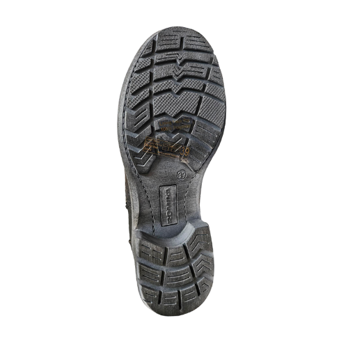 Black light treaded outsole of ankle boot with Romika logo in middle.