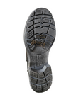 Black light treaded outsole of ankle boot with Romika logo in middle.