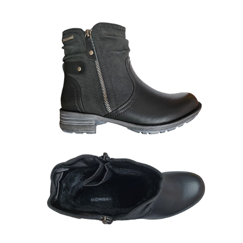 Pair of Black ankle boots with faux outside zipper, faux leather and suede materials with slight scrunching at cuff. 