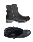 Pair of Black ankle boots with faux outside zipper, faux leather and suede materials with slight scrunching at cuff. 