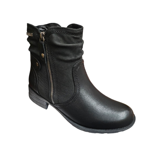 Black ankle boot with faux outside zipper, faux leather and suede materials with slight scrunching at cuff. 