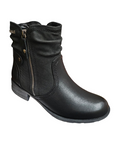 Black ankle boot with faux outside zipper, faux leather and suede materials with slight scrunching at cuff. 