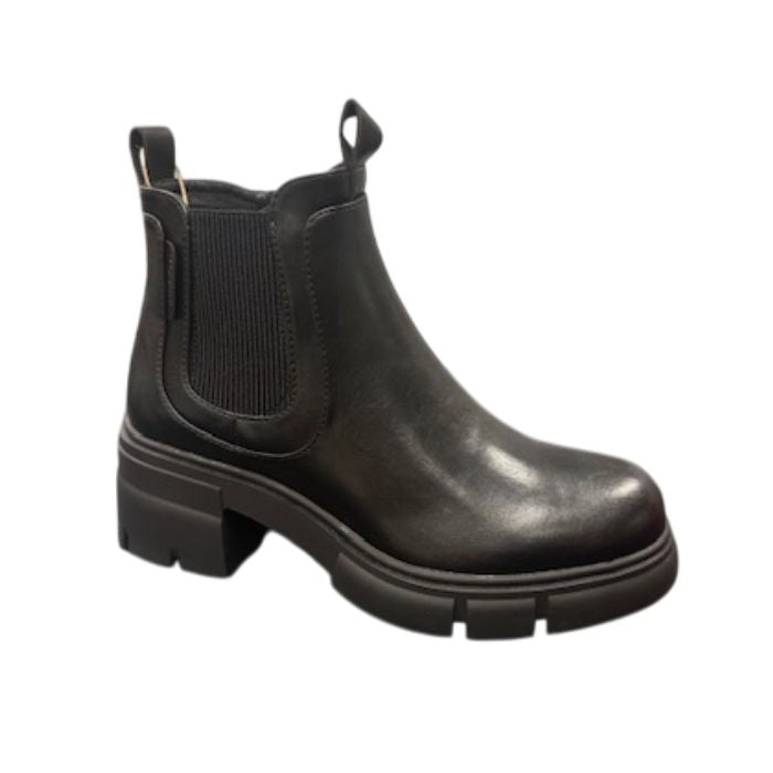 Black low heeled Chelsea boot with pull tabs and elastic side panels.