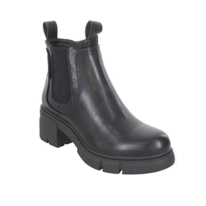 Black low heeled Chelsea boot with pull tabs and elastic side panels.