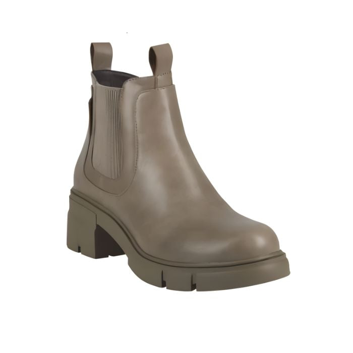 Taupe low heeled Chelsea boot with pull tabs and elastic side panels.