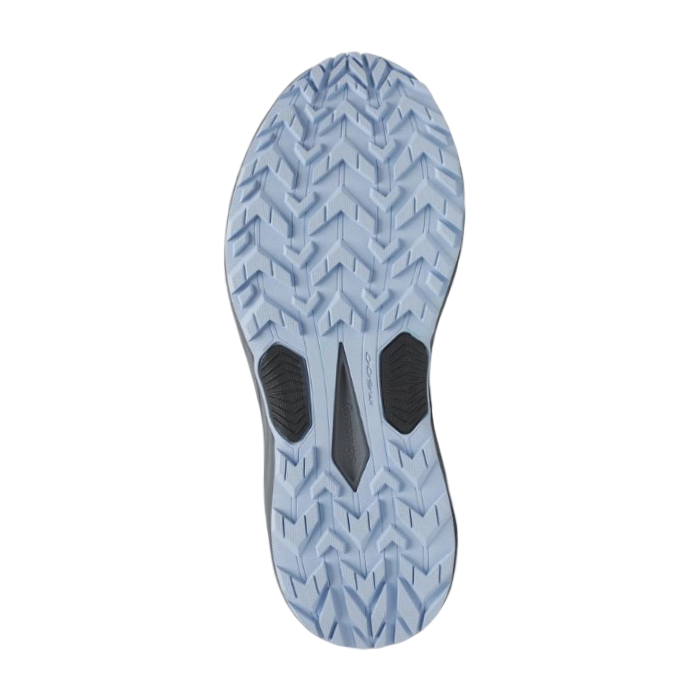 Light blue deep treaded outsole of sneaker with black extra grip sections in middle and Saucony logo stamped in.